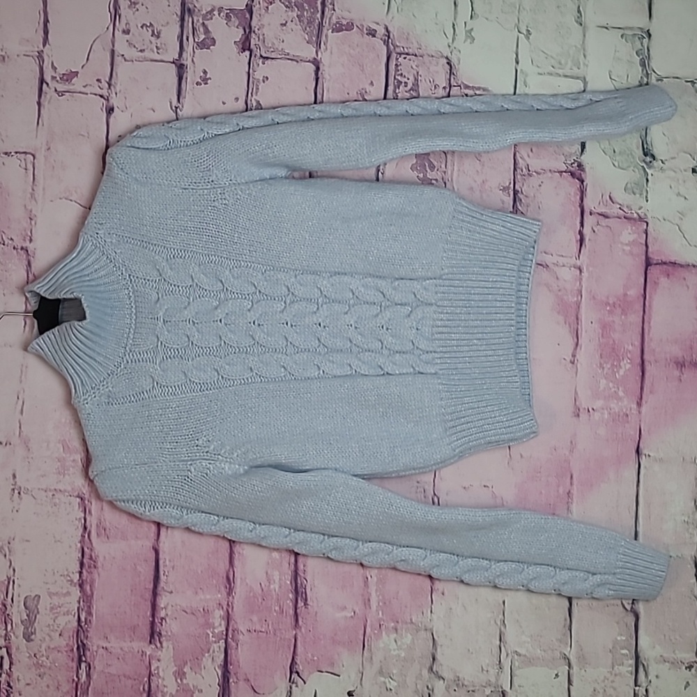 VANESSA BRUNO MARLED BABY BLUE CABLE KNIT THICK WOOL BLEND TURTLENECK SWEATER XS